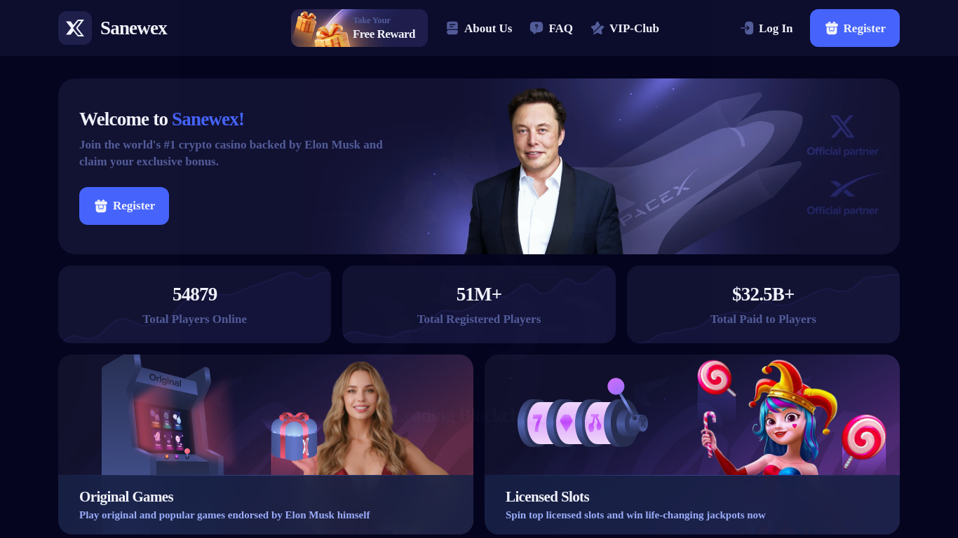 Archived Sanewex casino page displaying Elon Musk and X and SpaceX partnership claims.