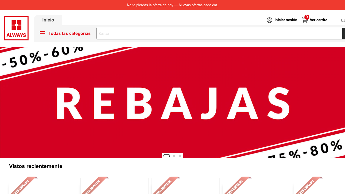Archived ALWAYS storefront with a Spanish sales banner and discounts of up to 75–80%.